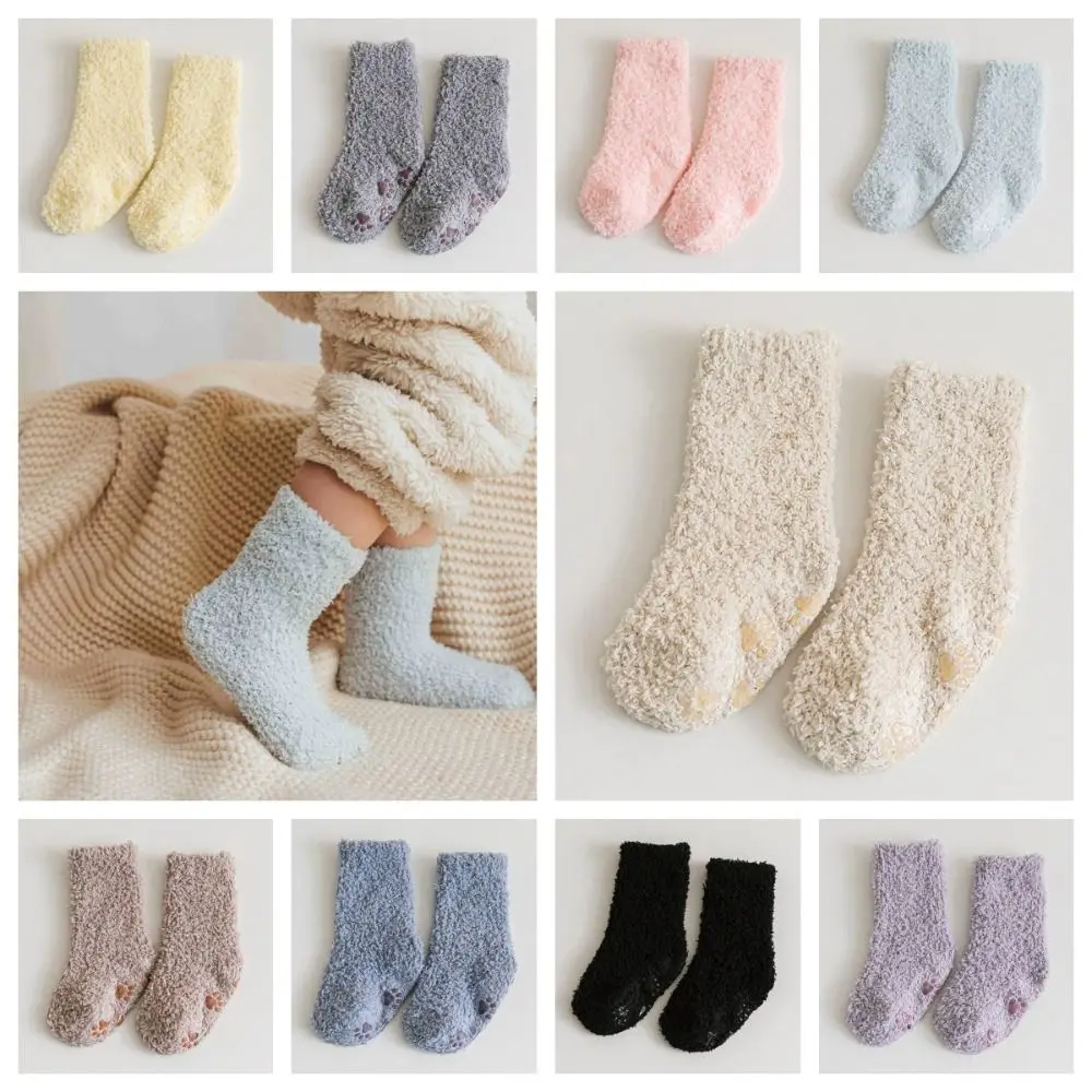 

Solid Color Coral Fleece Baby Socks Thickening Cat Paw Infant Learning Walk Socks Autumn&Winter Baby Hosiery Home Sleep Socks