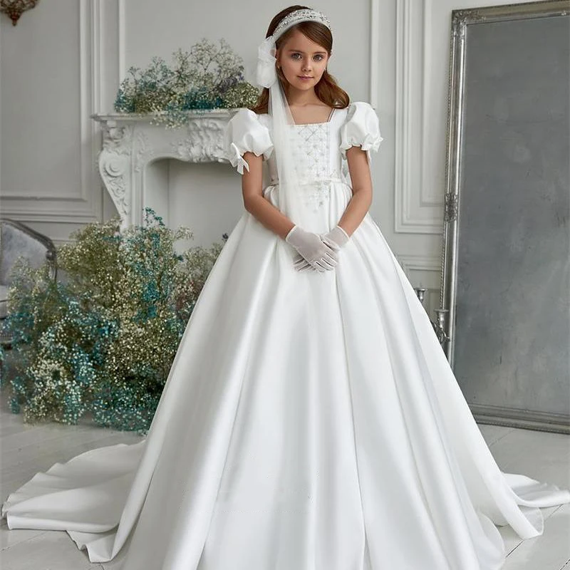 Robe de demoiselle d'honneur Boho pour mariage, satin blanc, manches courtes avec grand nœud, robe de fête d'anniversaire pour enfants, Rhde première communion, quoi que ce soit