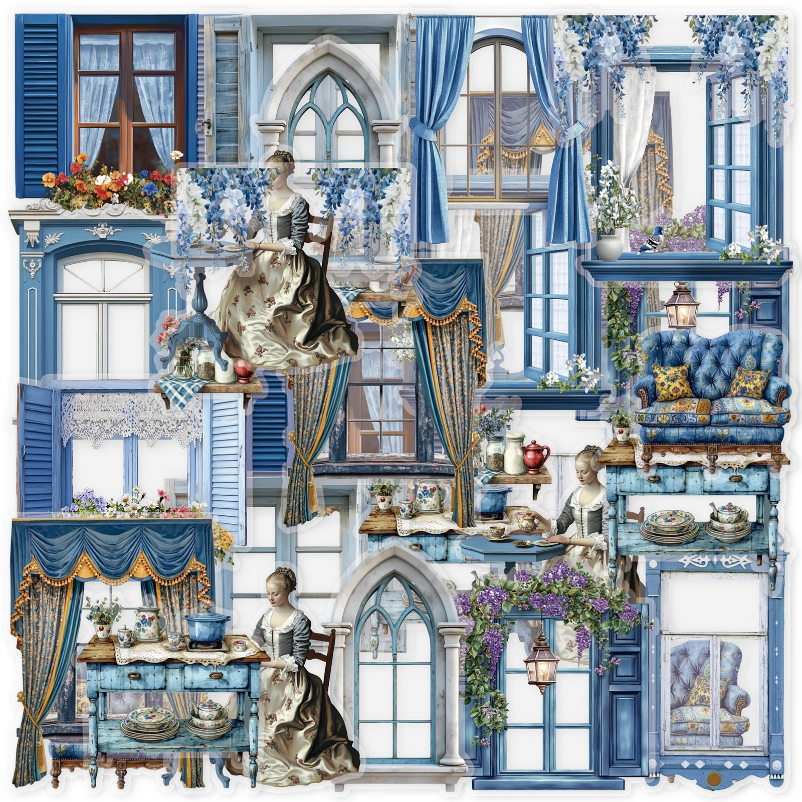 30 Stück Qiluo Blue Window PET-Aufkleberpakete für Zimmer, Dekoration, Geburtstagsgeschenk, Diy-Dekor, Lernalbum, Basteln, tragbare Aufkleber