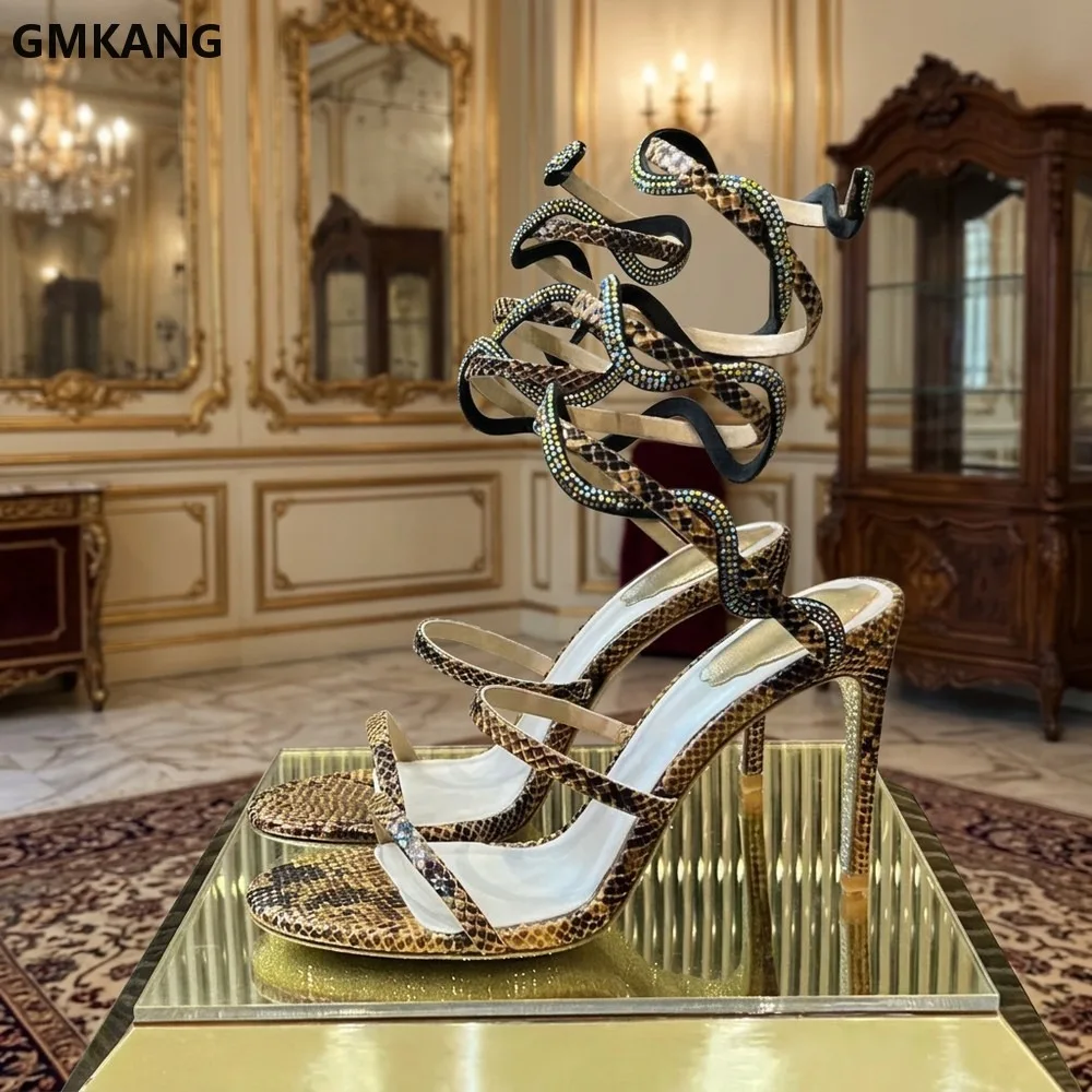 Summer High Heels Gladiator Sandals Women Rhinestone Snake Wrap Ankle Strap Wedding Party Shoes Heeled Sandals