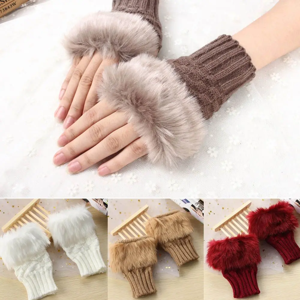 Mode Elastische Halb Finger Warme Fäustlinge Faux Kaninchen Haar Handschuhe Verdicken Warme Gestrickte Handschuhe Frauen Mädchen