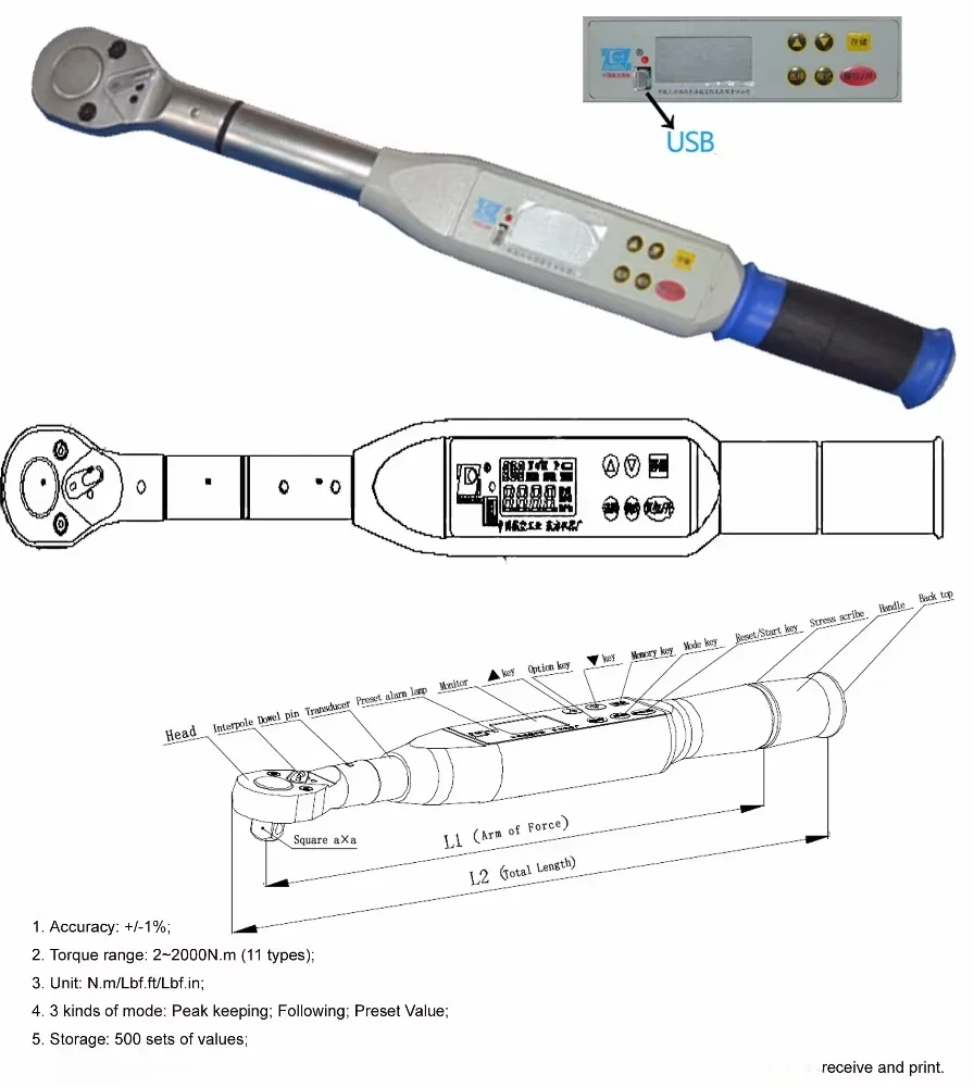 Digital Torque Beam Wrench 40nm-200nm AA, Tool USB Type