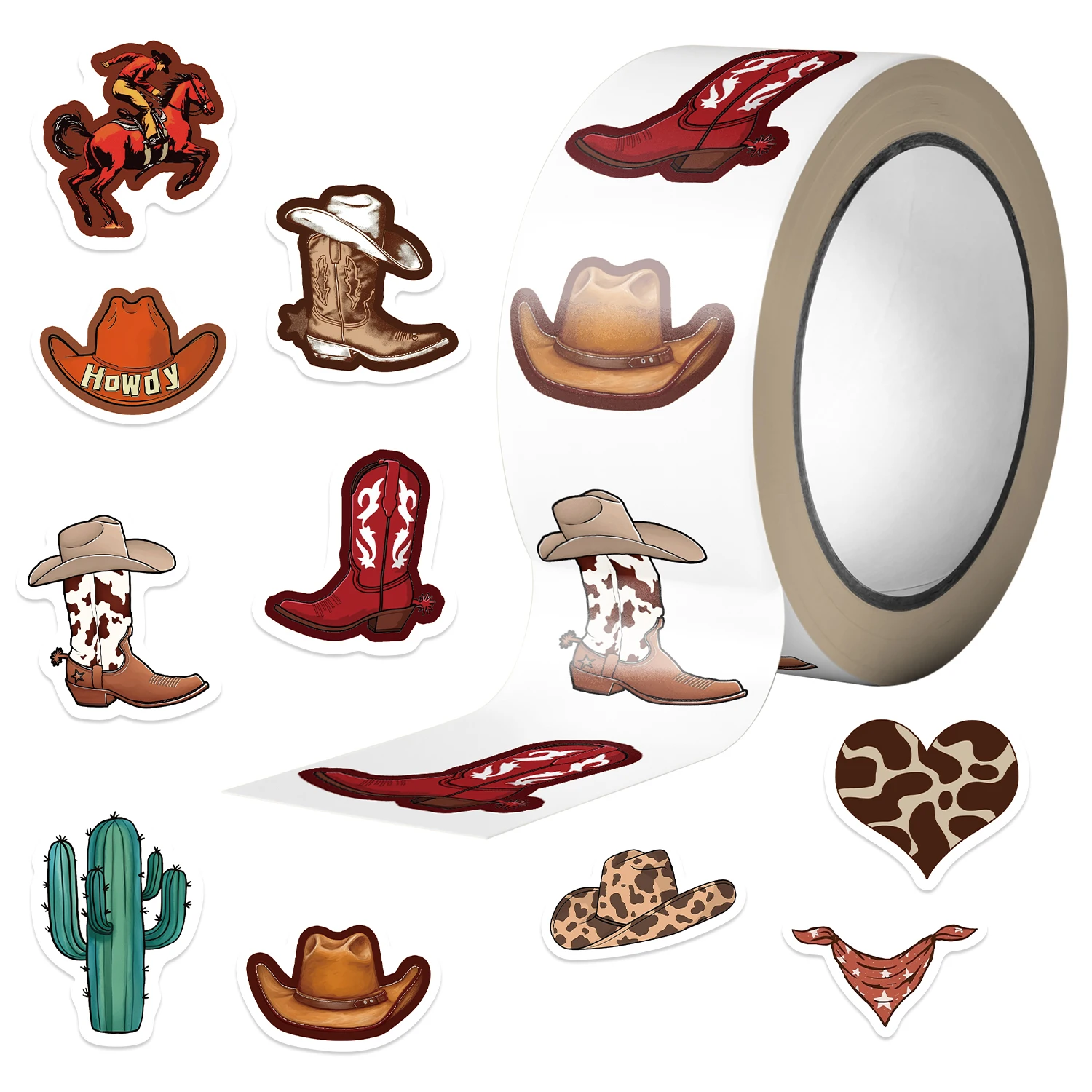 500PCS Cartoon Western Cowboy Stickers Roll Waterproof Vinyl Decals Cowboy Pattern Stickers Laptop Water Bottle Party Decor Gift