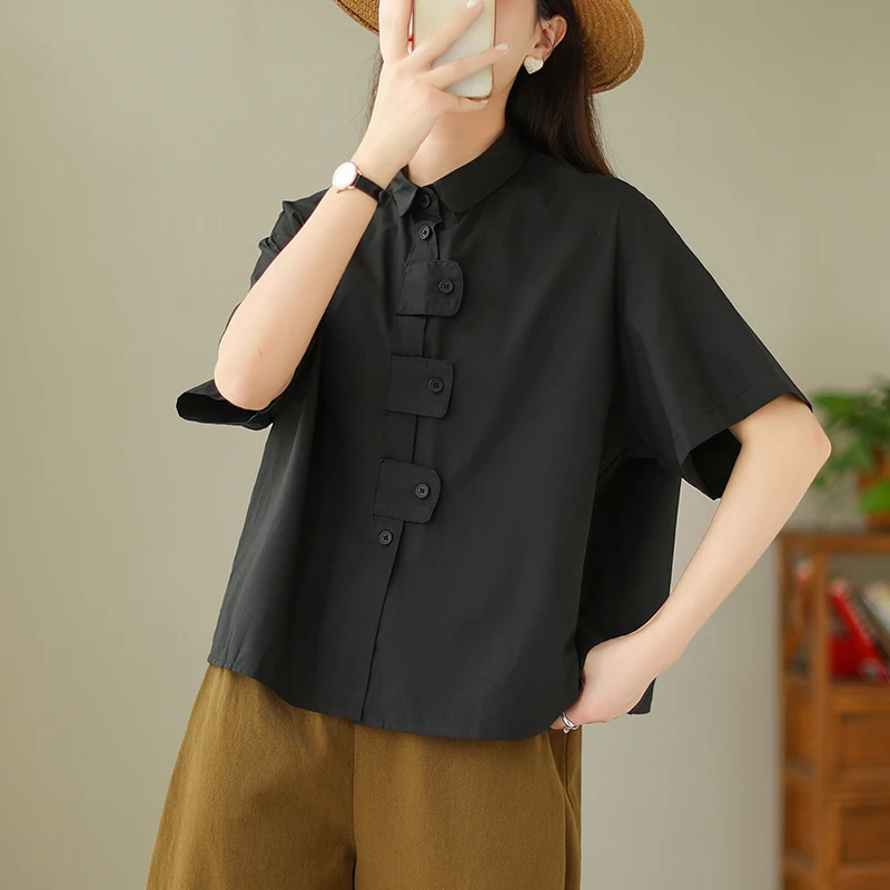 Corte holgado Color puro abotonada ort Sve irt para mujer diseño de verano versátil Casual algodón irt ropa de oficina de moda