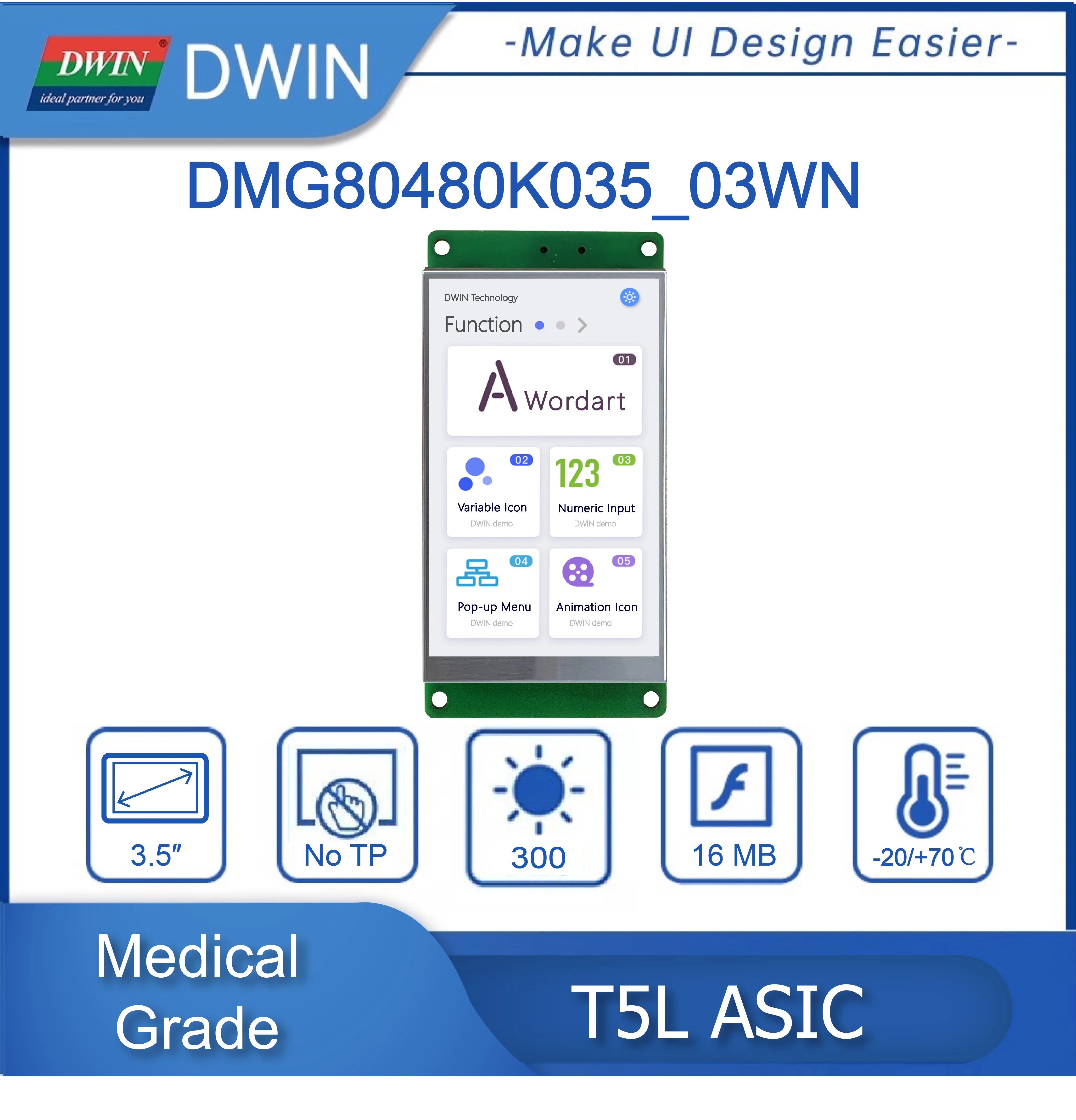 DWIN 3.5 Inch 480*800 Pixels Resolution 262K Colors, IPS-TFT-LCD Wide Viewing Angle DMG80480K035_03W