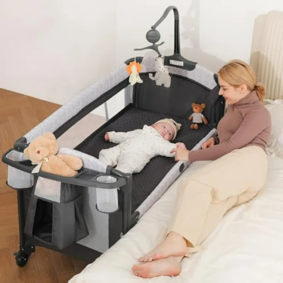 4 in 1 Wide Baby Bassinet Bedside with Diaper ChangerLong Next to Bed Crib with Mattress Sheet Music and Blackout Cover Playpen