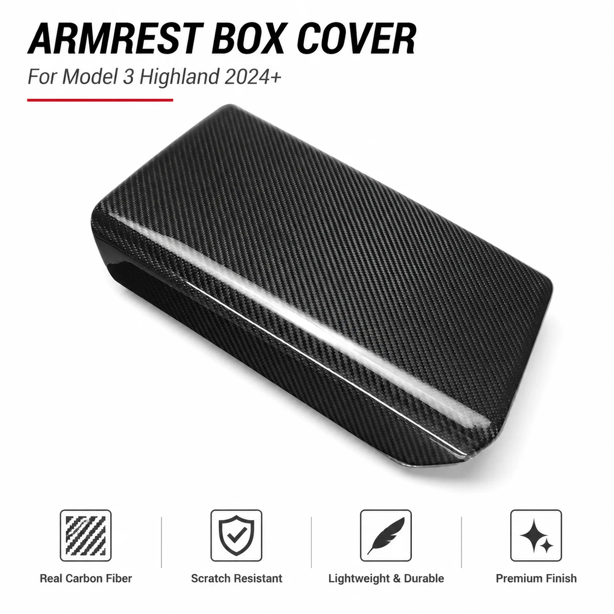 Gloss/Matte Real Dry Carbon Fiber Armrest Box Cover for Tesla Model 3 Highland.