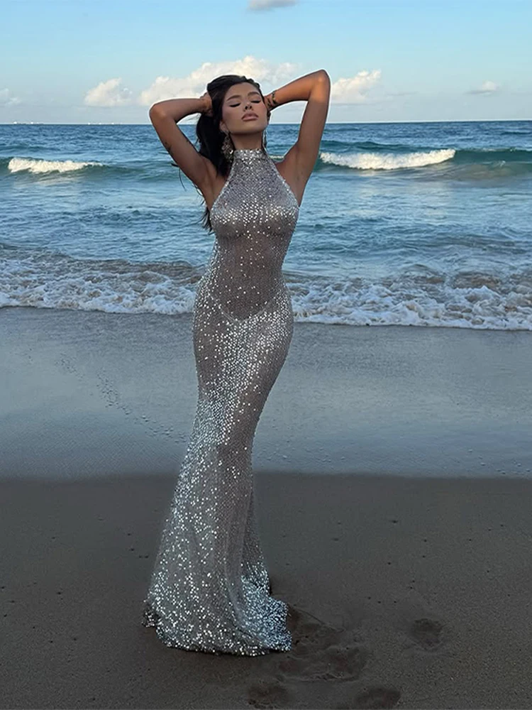 2025 Summer Autumn Paillette Halter Long Dress Women Sexy Sleeveless Backless See Through Female Dresses Beach Holiday Lady Robe view 2
