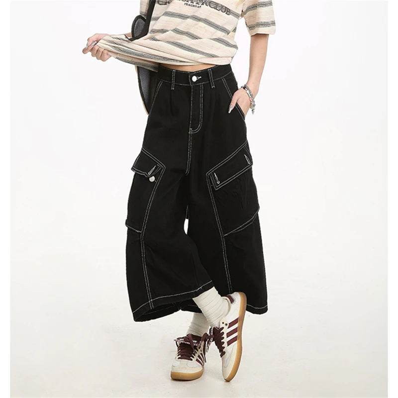 

Women's Big Pocket Wide Leg Summer Calf-length Trousers Cool Girl Cropped Black Pants Female High Waist Loose Retro Capris Pant