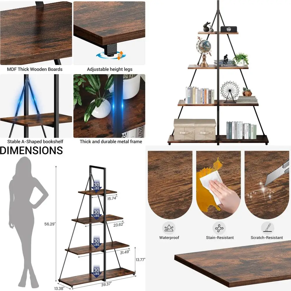 

Sturdy 4-Shelf A-Frame Bookshelf - Tall Slim Storage Organizer for Books, Plants, and Decor in Rustic Brown