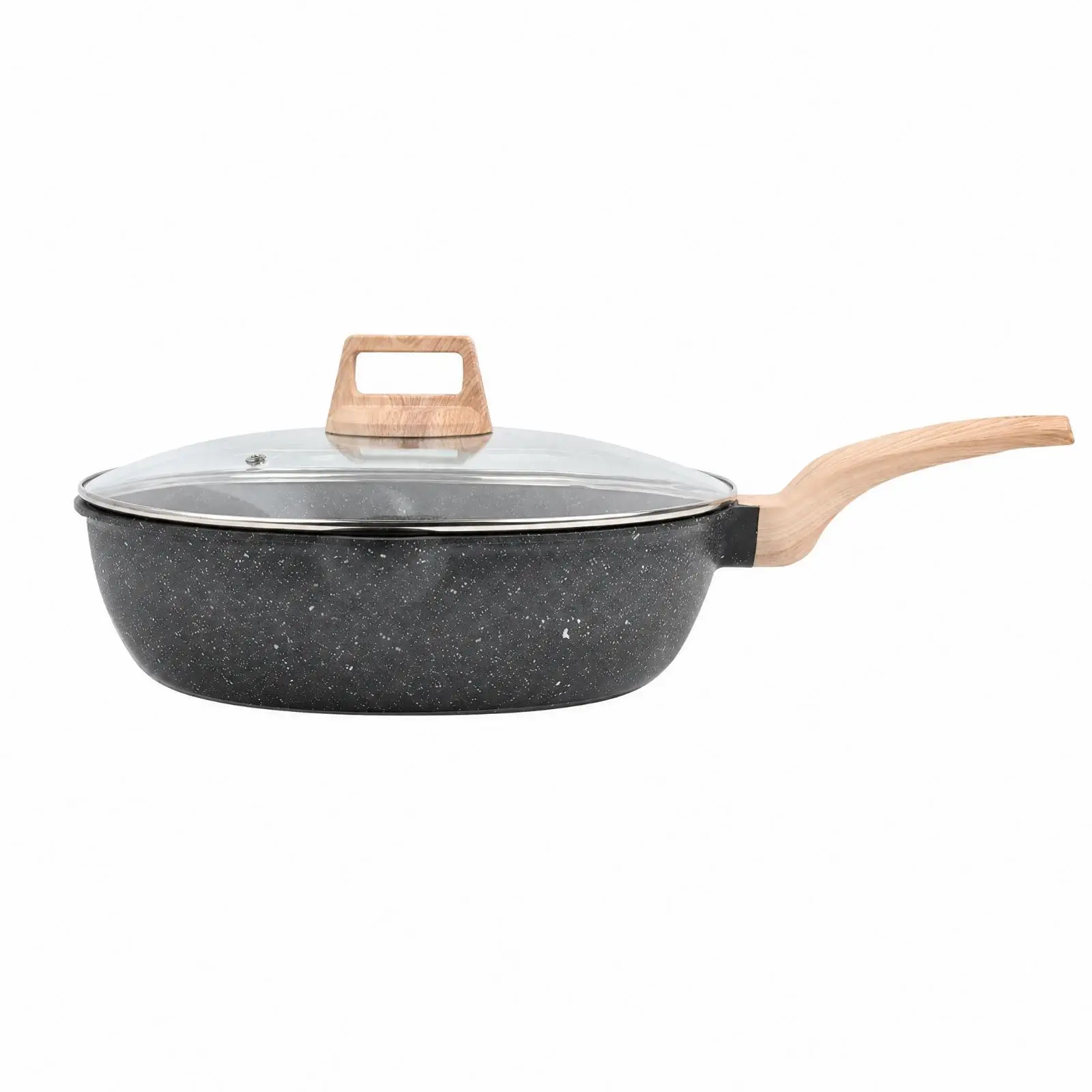 Kitchen Nonstick Cooking Pan with See Through Lid Wood Grain Knob for Frying and Simmering Meals