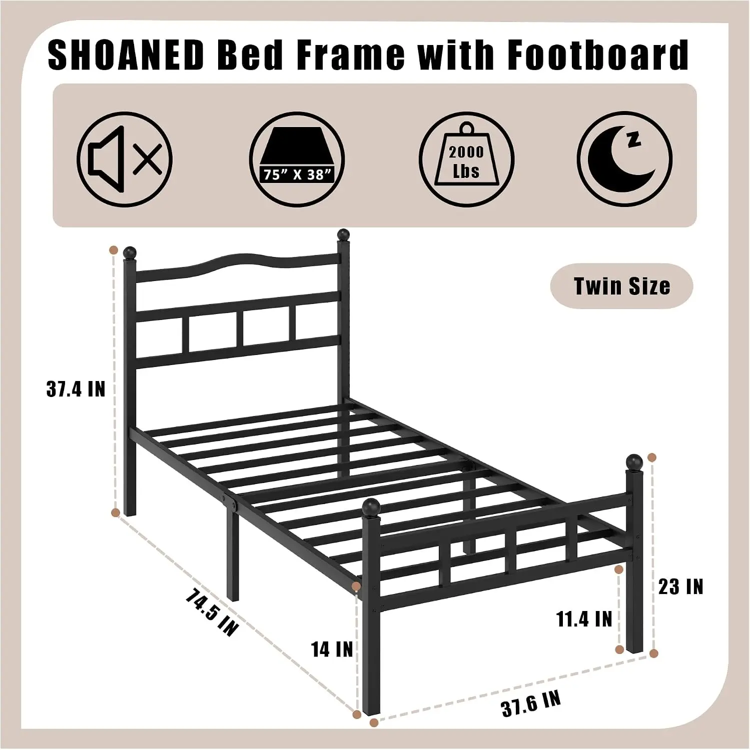 SHOANED 14 Inch Metal Bed Frame - Twin Size Heavy Duty Bedframe with Headboard & Footboard Black Basic Steel Slats Platform No Box Spring Needed/Easy Assembly/Noise Free