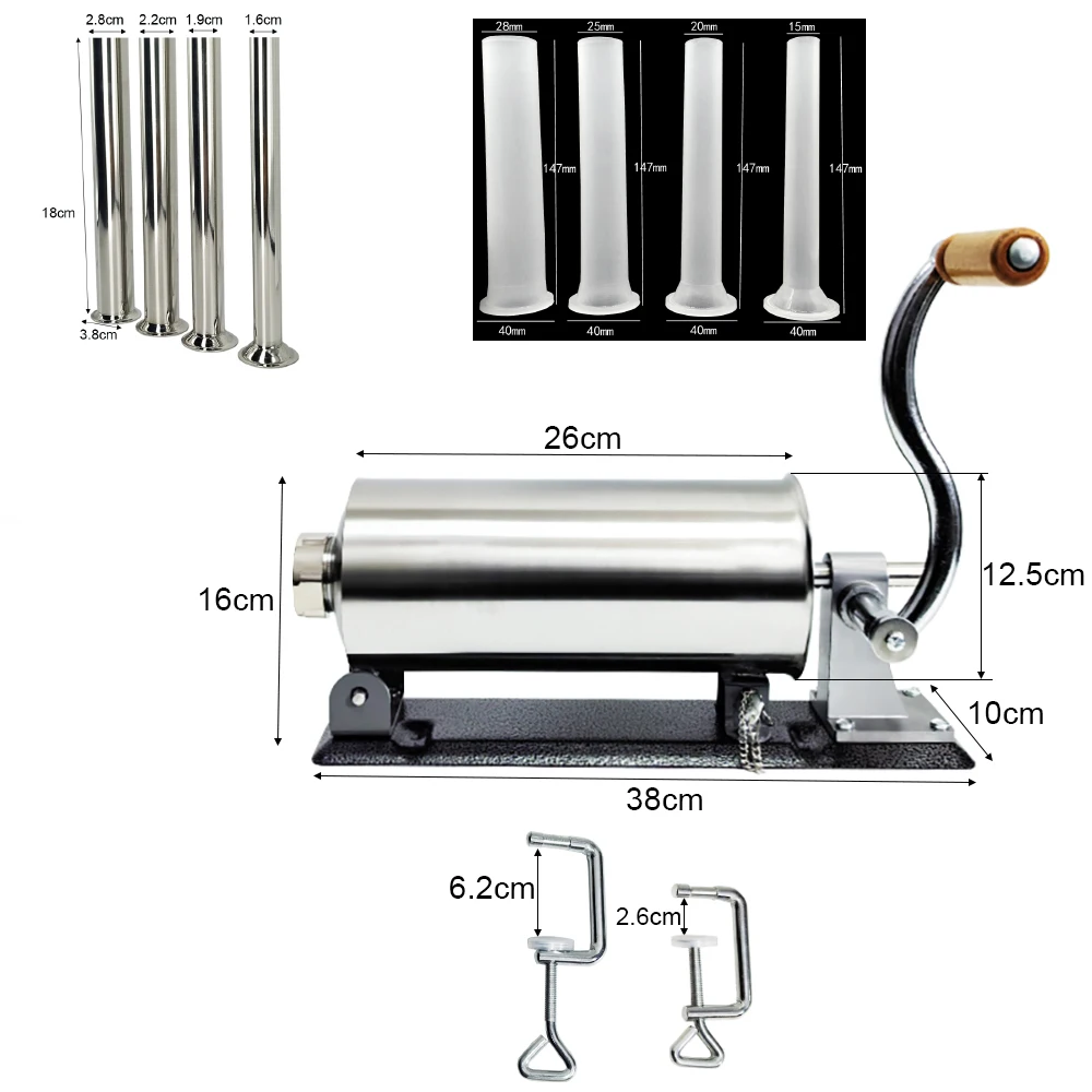 3L Sausage Stuffer With 8Pcs Tubes, Machine Manual Stainless Steel Horizontal Sausage Maker Filling Filler