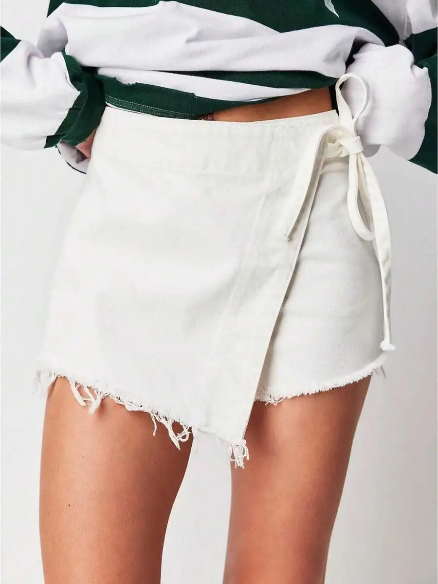 

Women Denim Wrap Skort High Waist Side Tie Asymmetrical Frayed Hem Mini Skirt