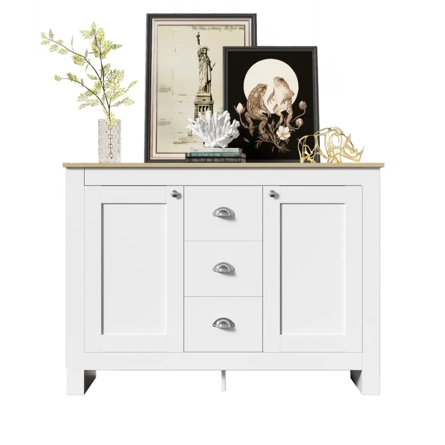 Warm white wooden sideboard with 2 doors and 3 drawers - With silver handles, adjustable shelf and soft-close hinges - 1