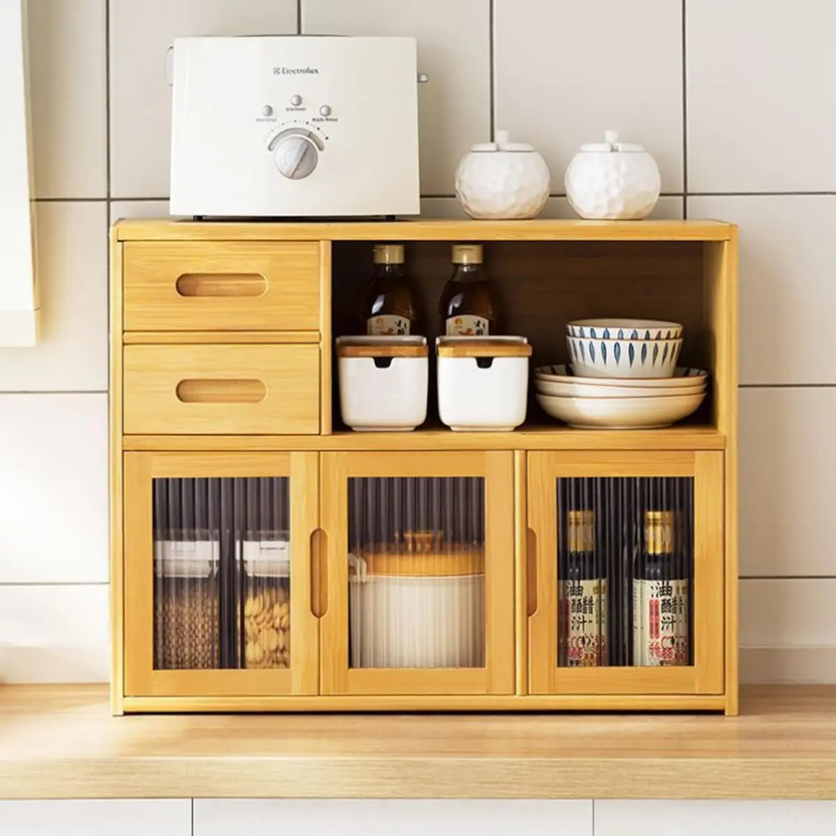 Gdrasuya10 Bamboo Countertop Shelf Storage Cabinet Kitchen Pantry, Medium Kitchen Pantry Sideboard with 2 Drawers Freestanding K