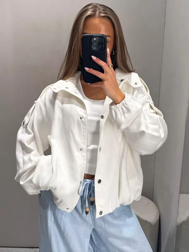 Women Solid White Collared Cropped Windbreaker Elastic Cuffs Drawstring Hem Snap Button Lightweight Casual Street Outer Jacket