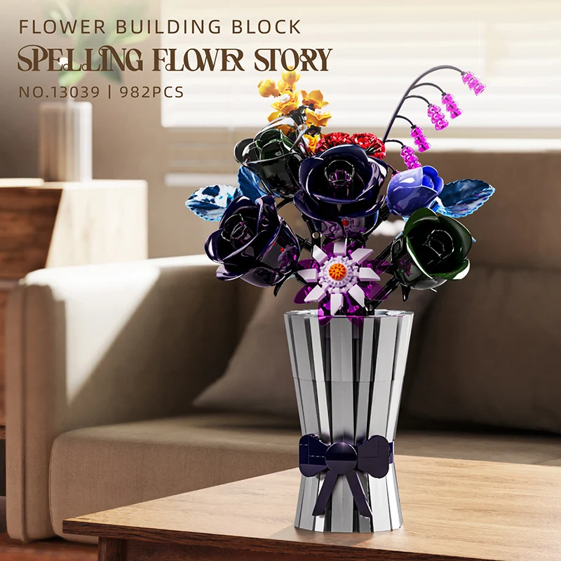 

982PCS Flower Bouquet Vase Building Blocks Eternal Flower Model Bricks Home Decoration Ornaments Girl Romantic Gift Kids DIY Toy