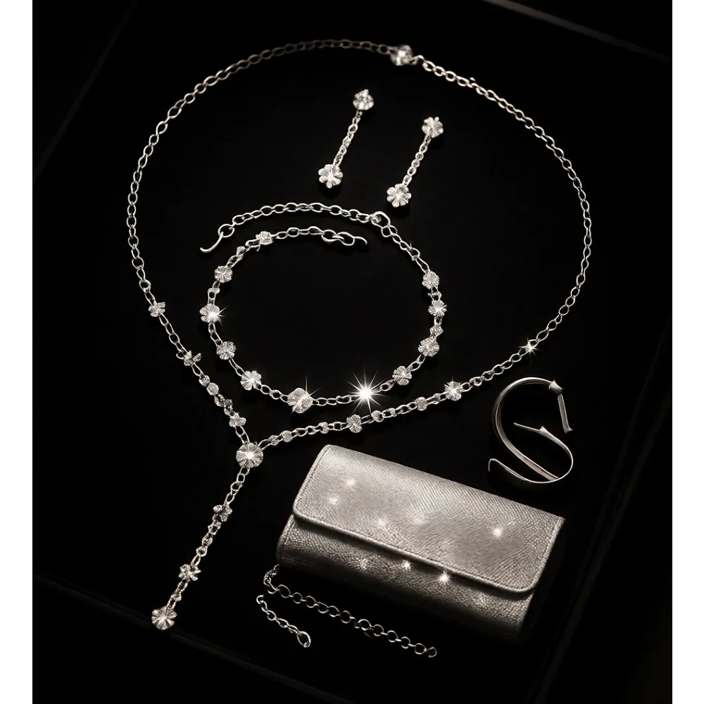 

Серебряный комплект украшений с кристаллами: колье, серьги, браслет для свадьбы, подружек невесты, выпускного вечера