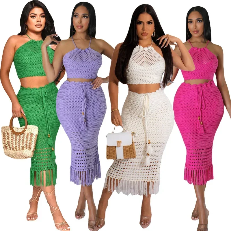 Streetwear Crochet 2 Piece Sets Women Outfit Summer Y2K Clothes Halter Crop Top Tassel Skirt Suit Dress Sets Women Two Piece Set