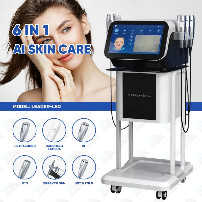 6 in 1 3D AI Skin Care HD Analyzer Ultrasound Face Eye Lift Hot Cold Skin Firming Collagen Regeneration Beauty Salon Spa Device