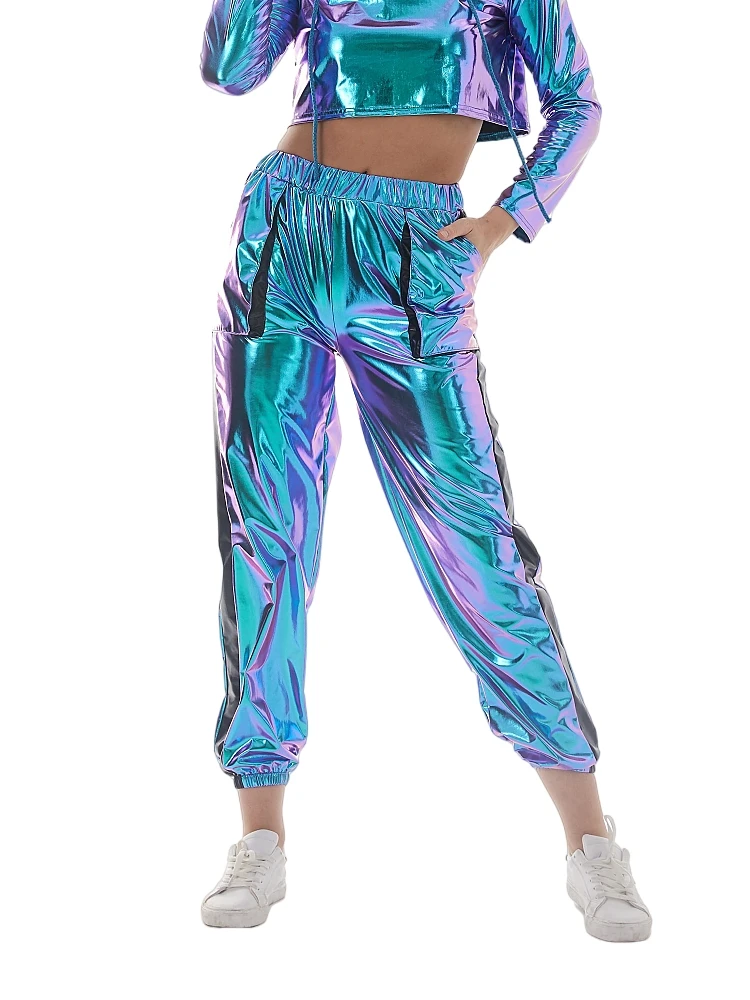 

Women Hip Hop High Waist Patchwork Jogger Pants Shiny Metallic Stretchy Wet Look Clubwear Holographic Trousers Sweatpants