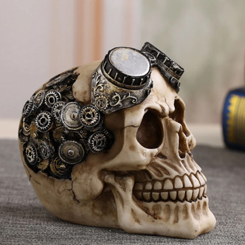 1 Pcs Steampunk Resin Craft Skull Horror Statue Creative Sculpture Birthday Gift Home Office Vintage Punk Decoration Skull