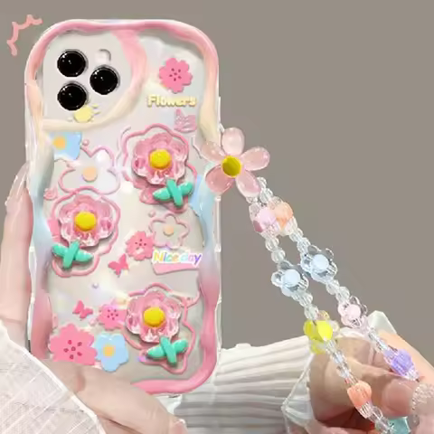 Korean 3D Rabbit Lanyard Flower Chain Case for Xiaomi Poco F6 Pro M6 X3 M3 X5 F4 X3GT 12T Lite Cover Funda Transparent