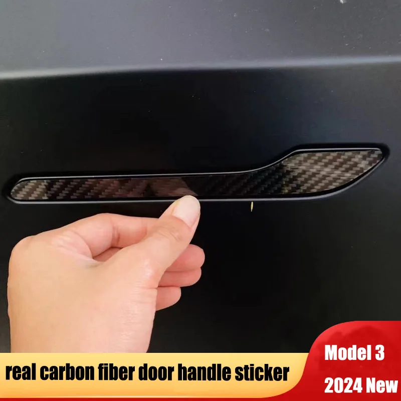 

4pcs Car Door Handle Sticker For Tesla Model 3 2024 Highland Door Wrap Cover Paste Accessories Real Carbon Fiber