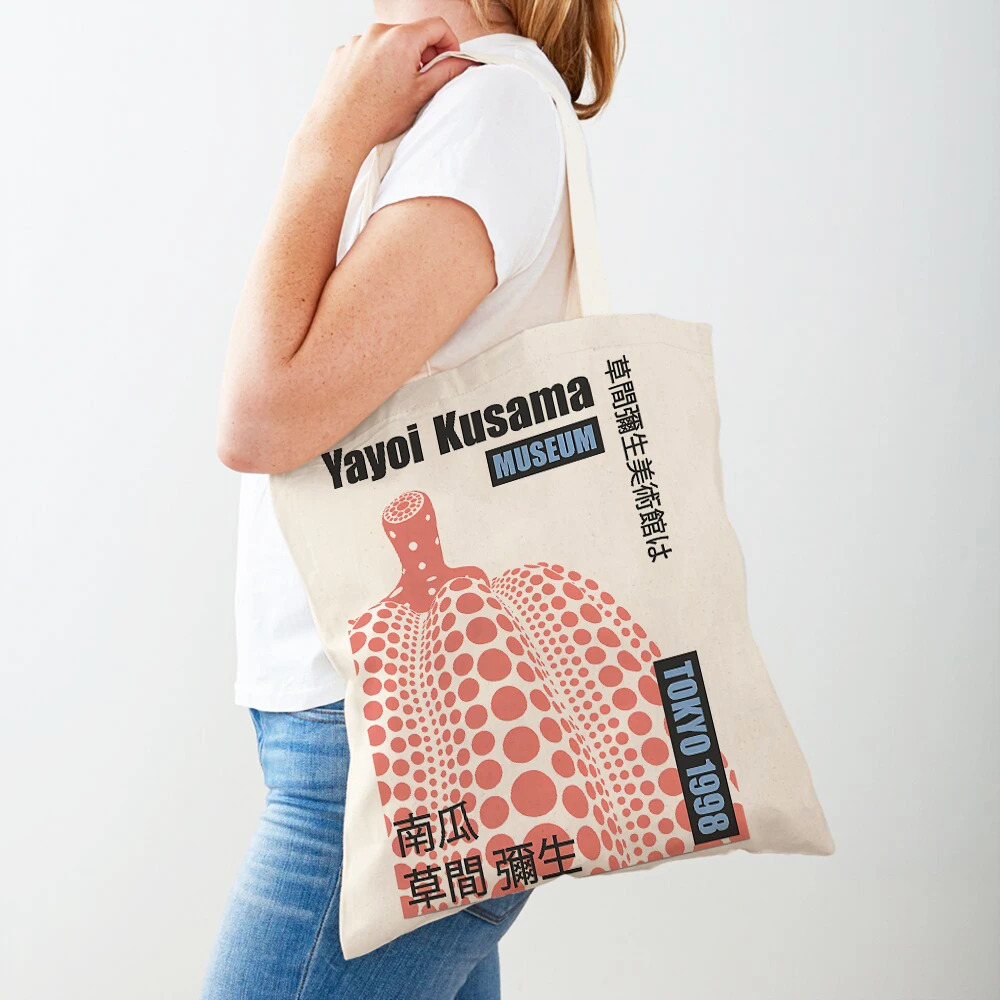 Yayoi Kusama Pumpkin Abstract Modern Supermarket Shopper Bags Nordic Girl Lady Tote Handbag Both Sided Canvas Shopping Bag