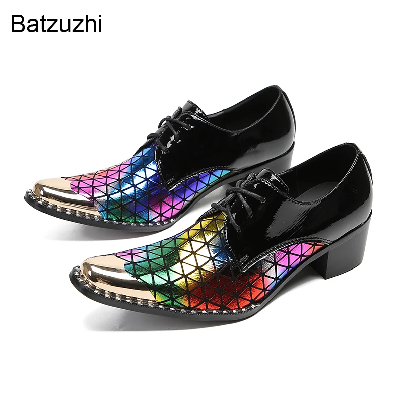 

Batzuzhi Elegant Men's Shoes Golden Metal Toe Lace-up Black ad Color Genuine Leather Dress Shoes Men Party and Wedding Shoes Man