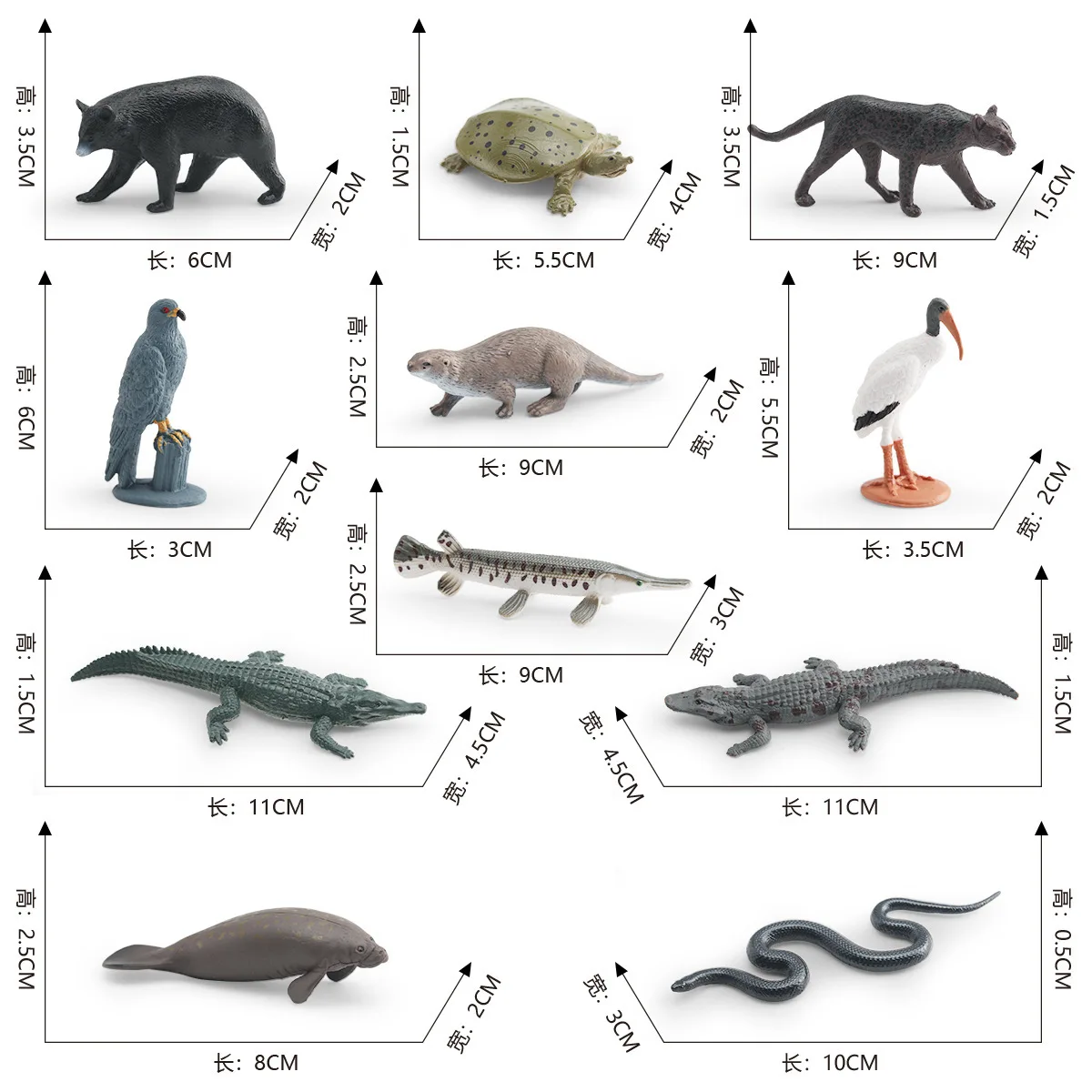 11pcs Mini Swamp Animal Model Set Manatee Otter Panther Crocodile Black Bear Figures Miniature Wildlife Scene Decoration Craft