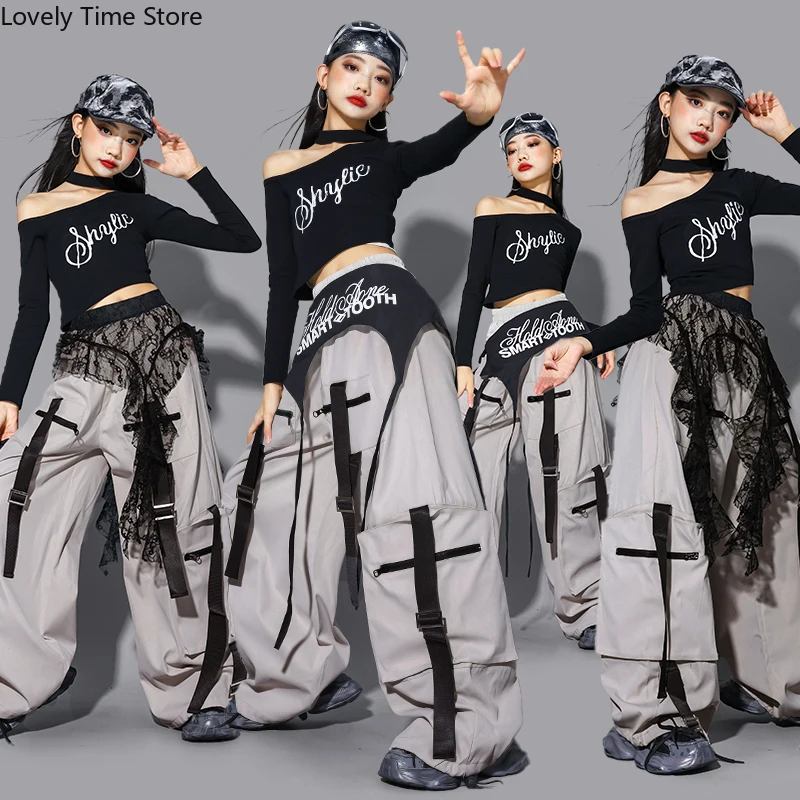 

Укороченный топ с открытыми плечами в стиле хип-хоп для девочек, модные брюки-карго, детский комплект одежды для джазовых танцев K-pop, детский групповой уличный костюм для девочек