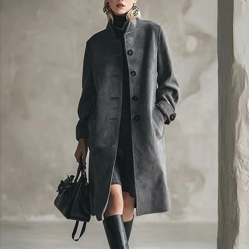 

Повседневная однотонная свободная куртка миди с длинным рукавом, осень-зима, женское модное флисовое пальто, элегантное шерстяное пальто с воротником-стойкой и пуговицами