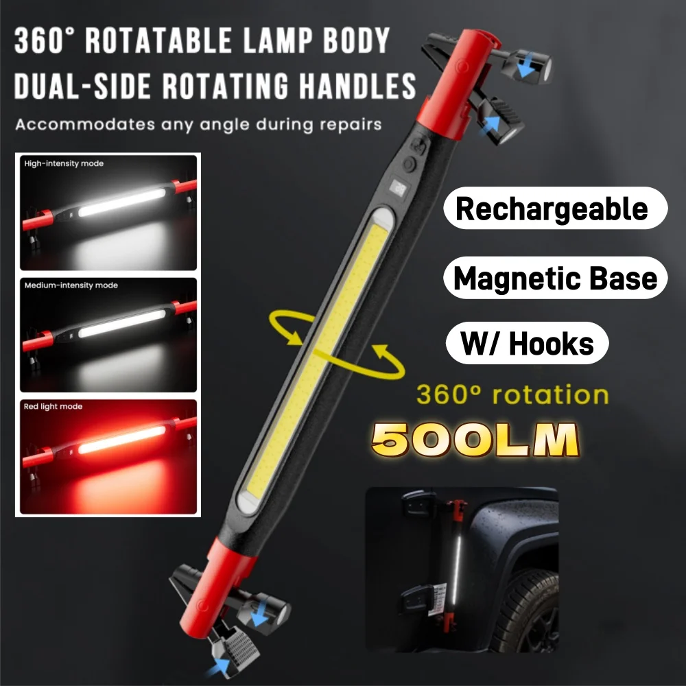 

Светодиодный рабочий фонарь 500 люмен для аварийного ремонта автомобилей, перезаряжаемый магнитный рабочий фонарь с крючками и магнитным основанием