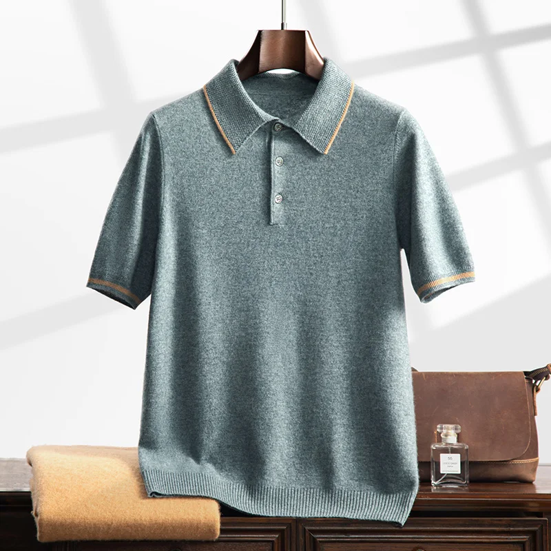 

Мужская футболка-поло из 100% кашемира с коротким рукавом, пуловер, весна-осень 2026, новая модная вязаная повседневная майка для бизнеса