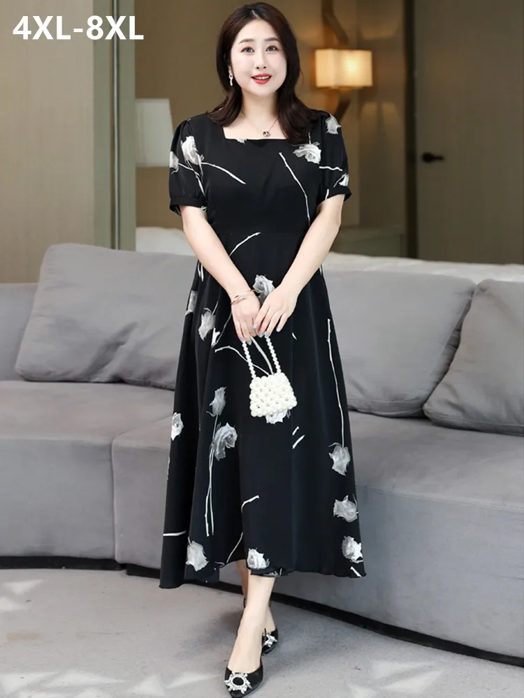 

Plus Size Dress Women 140KG 8XL 7XL 6XL Square Collar Black Rose Pattern Female Fashion Elegant Lady Office Summer Long Clothes