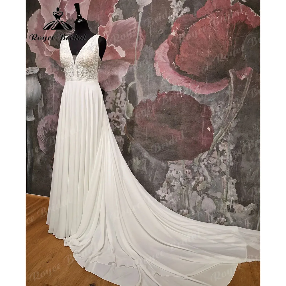 vestidos boda Bohemian Lace Bodice Chiffon V Neck Backless Boho Court Train Wedding Gown for Women vestido de novia civil 2023