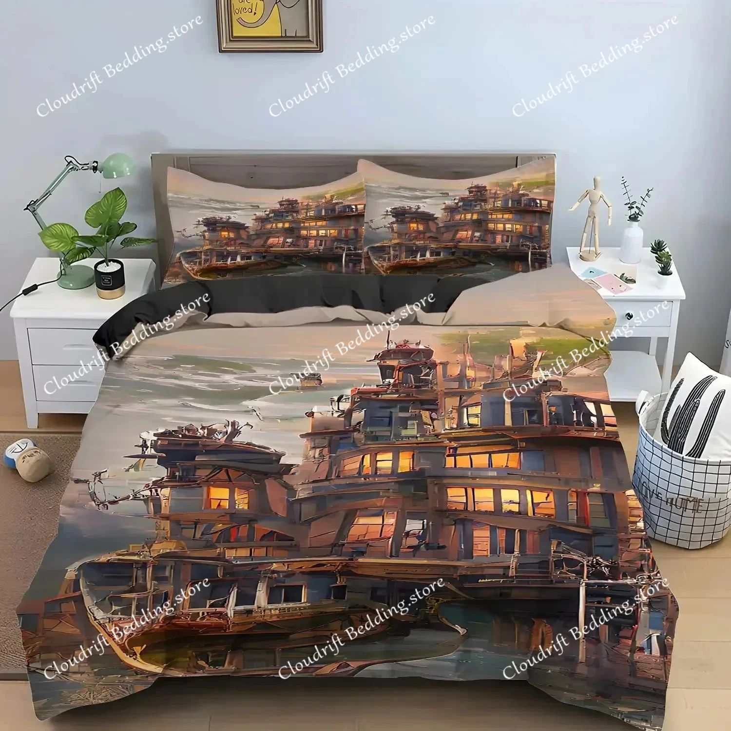Pirate Sailboat Duvet Cover Nautical Ocean Theme Boys Teen Bedding Cool Style Adult Bedding Set Wave Pattern Printed Room Decor