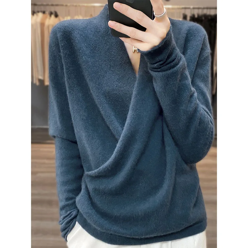 2022 Autumn Fashion Tops 100% Pure Wool Knitted Sweaters Women V-neck Long Sleeve Cashmere Knitwear Winter New Female Jumpers