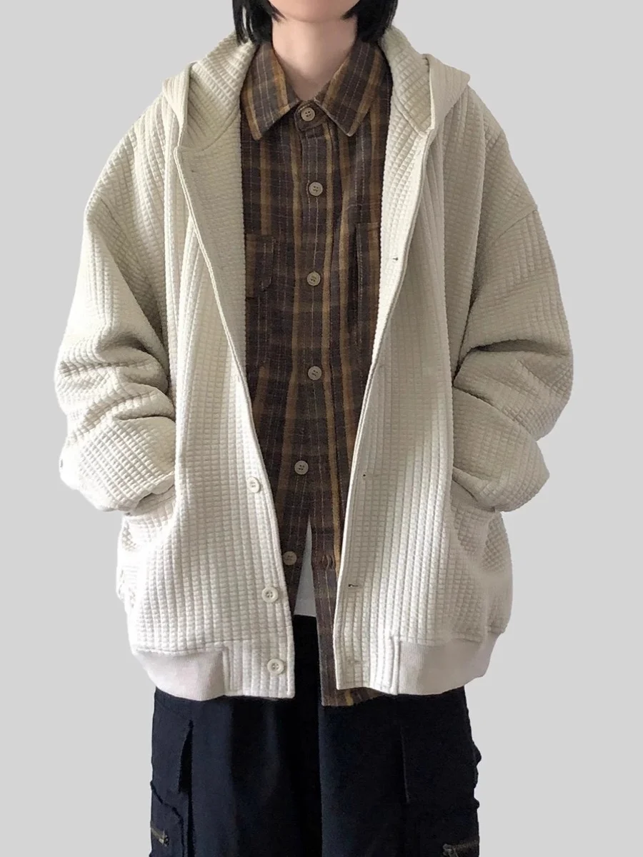 

Ретро-куртка-кардиган в японском стиле, свободного кроя, с капюшоном, на подкладке, с узором в стиле вельвет, для зимы, повседневная, толстовка