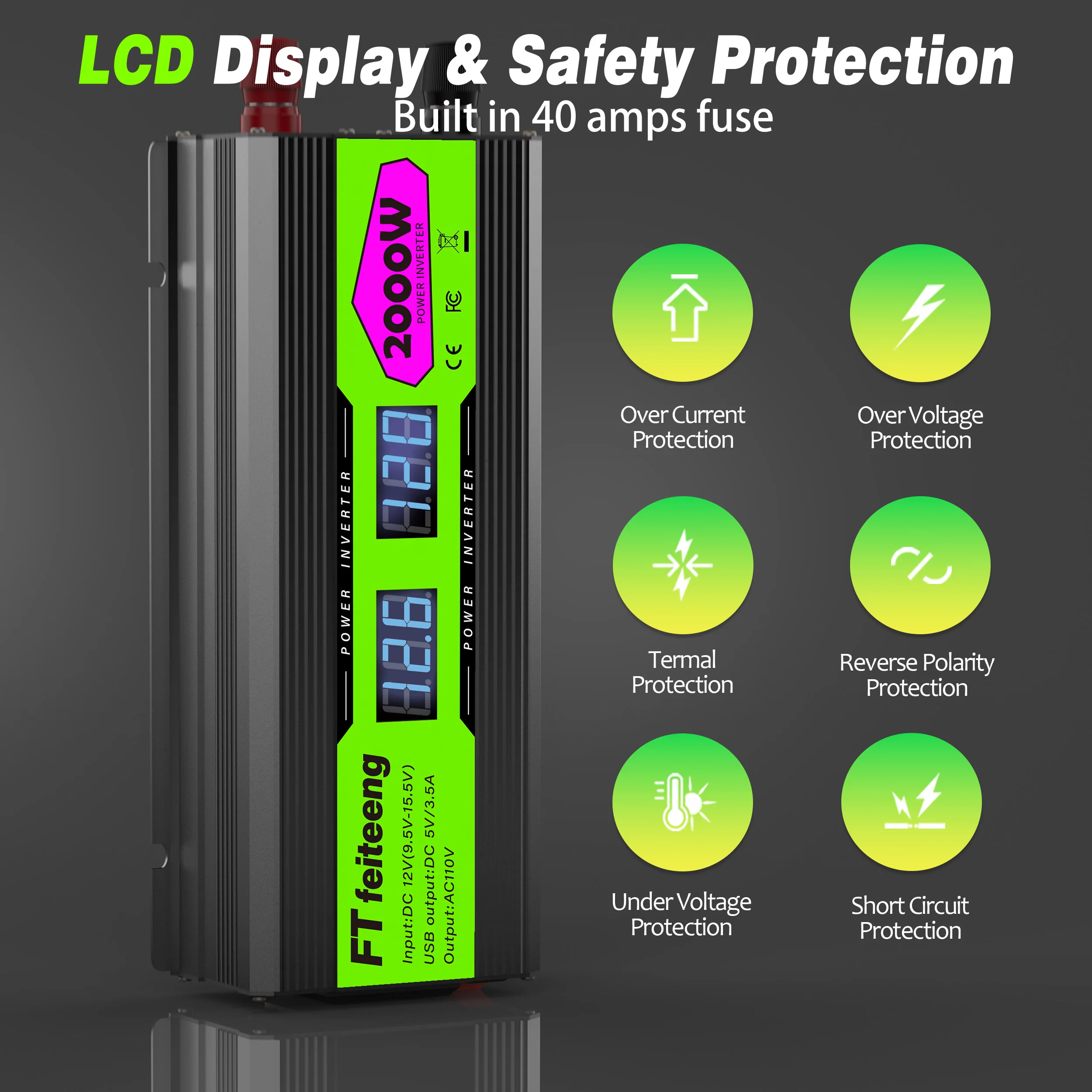 Acessórios eletrônicos para carro, inversor de energia 12v a 110v com display lcd, 2 tomadas ac e portas usb para carros, rvs, acampamento