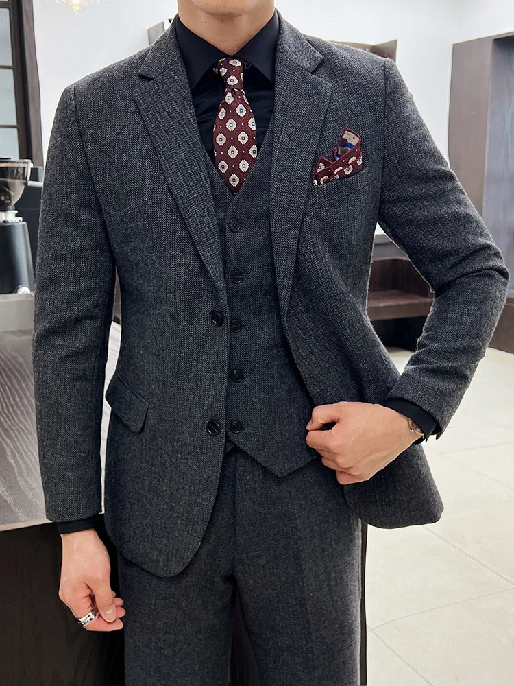 

Wool Blend Herringbone Men's Suits Man Pants Elegant Male Blazer Jacket Vest Full Business Clothes Winter Slim Handsome Fashion