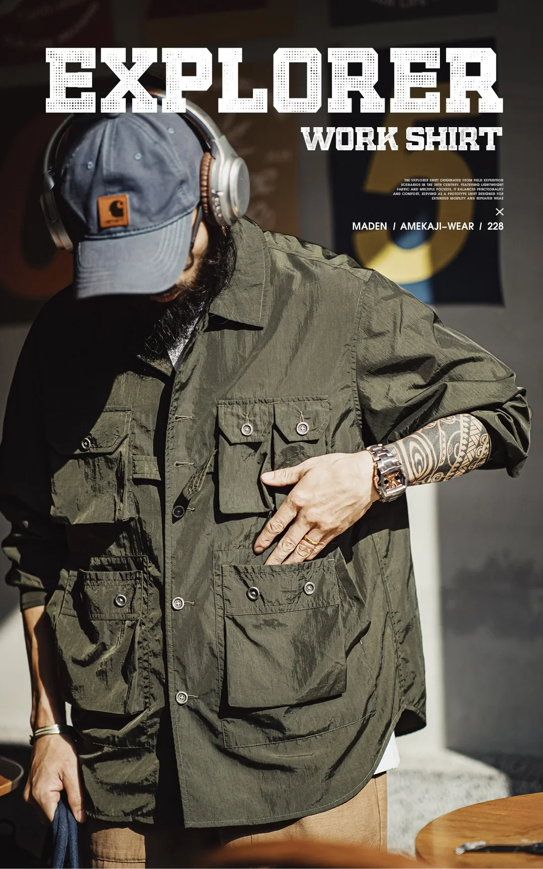 Maden Retro Safari Shirt Lightweight Multi-Pocket Military Green Long Sleeve Single-Breasted Blouse Outdoor Casual Spring Top