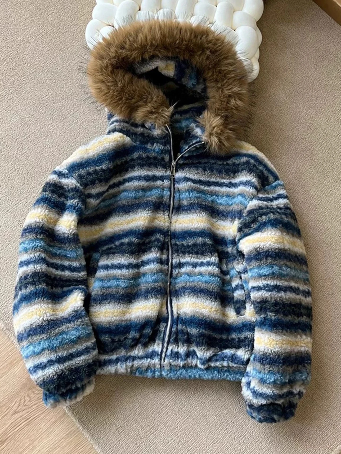 

Синяя теплая бархатная хлопковая куртка из ягненка, мужская зимняя хлопковая одежда с американским меховым воротником в полоску, пальто с горным орлом