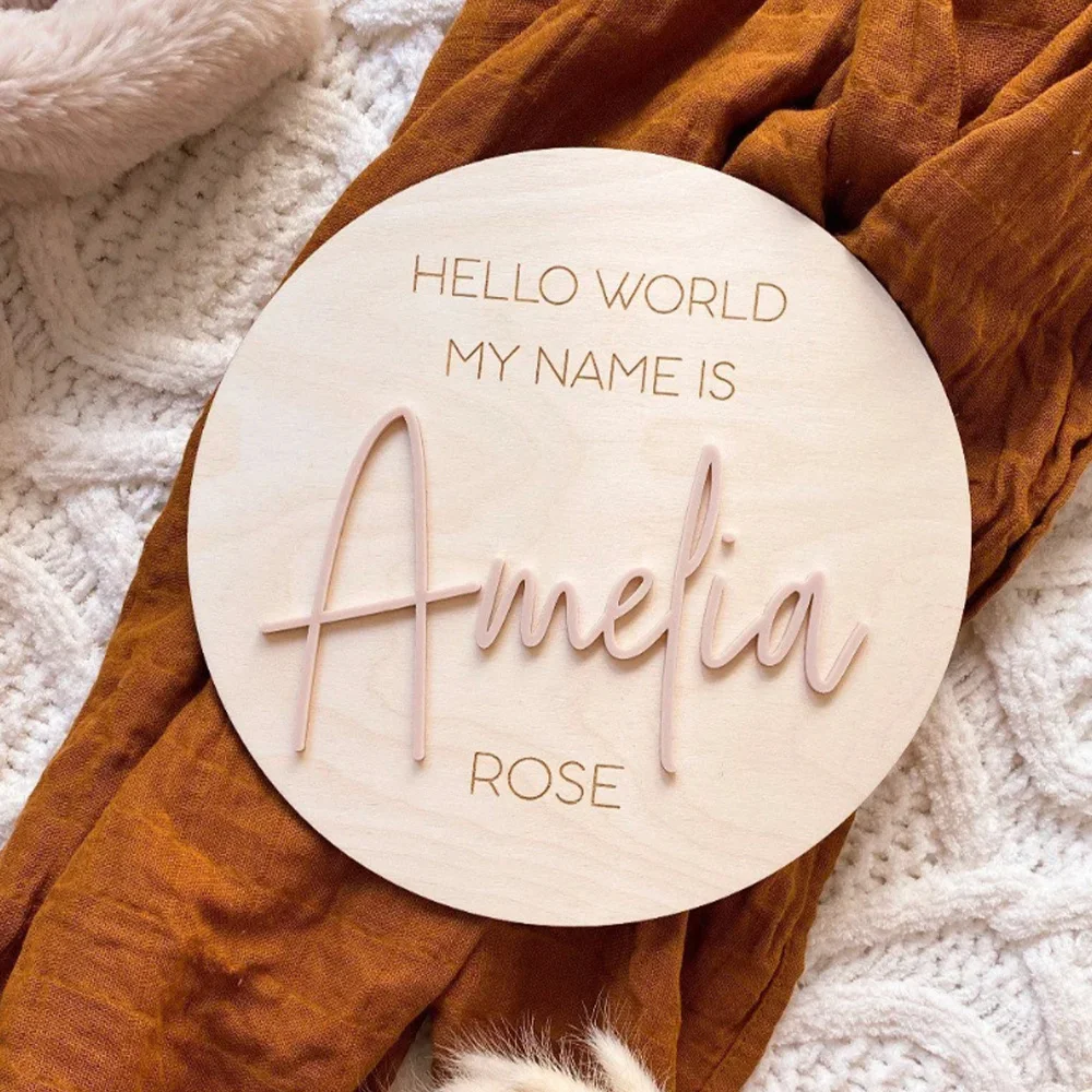 Personalised Wooden Hello World Name Plaque - Newborn announcement Sign - Name plaque for birth announcement