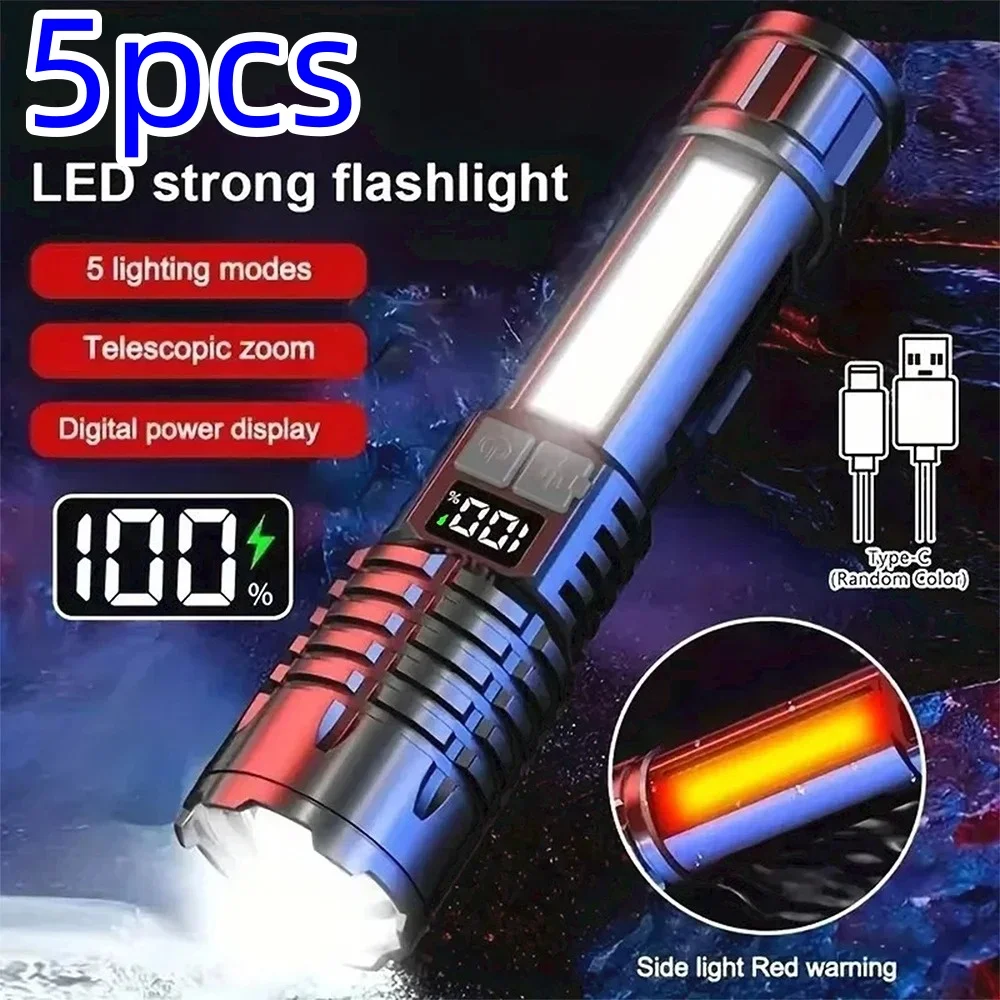 LED Flashlight High Power Powerful TYPE-C Rechargeable COB Flashlight With Side Light Torch For Outdoor Camping Hiking