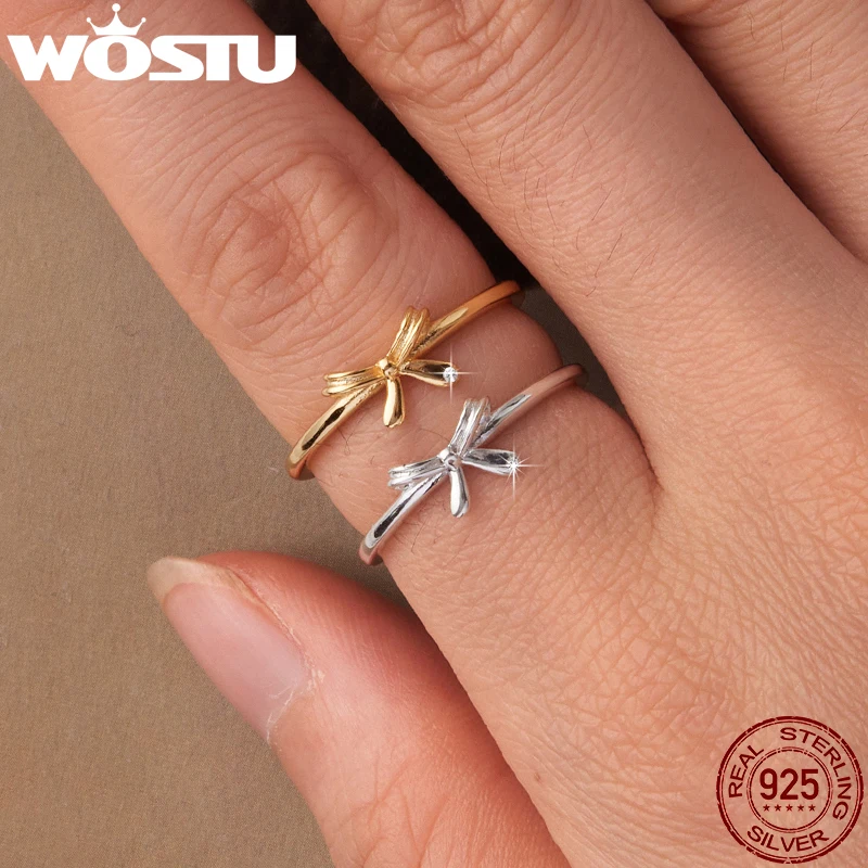 

WOSTU 925 Silver 18K Gold Clear Zircon Bow Knot Ring For Women Engagement Wedding Party Girl Birthday Gift Lover Simple Jewelry