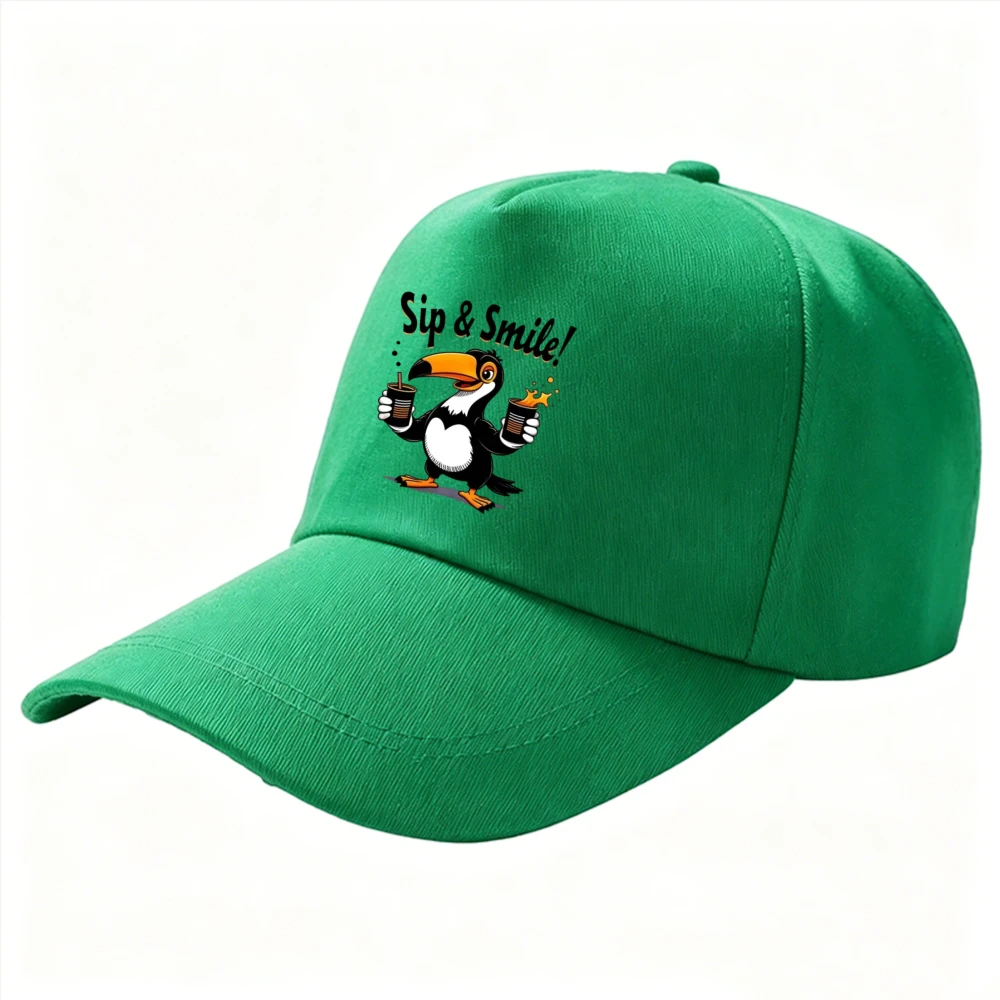 Black Sip & Smile Toucan Drinking Beverage Cartoon Print Baseball Cap Cute Animal Dad Hat Adjustable Casual Trucker Hat Sun Hat