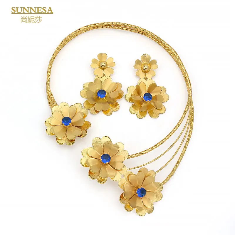 SUNNESA Fashion Dubai Jewelry Set for Women 18k Gold Color Flower Design Zircon Earrings Luxury Necklace with Bracelet Ring Set